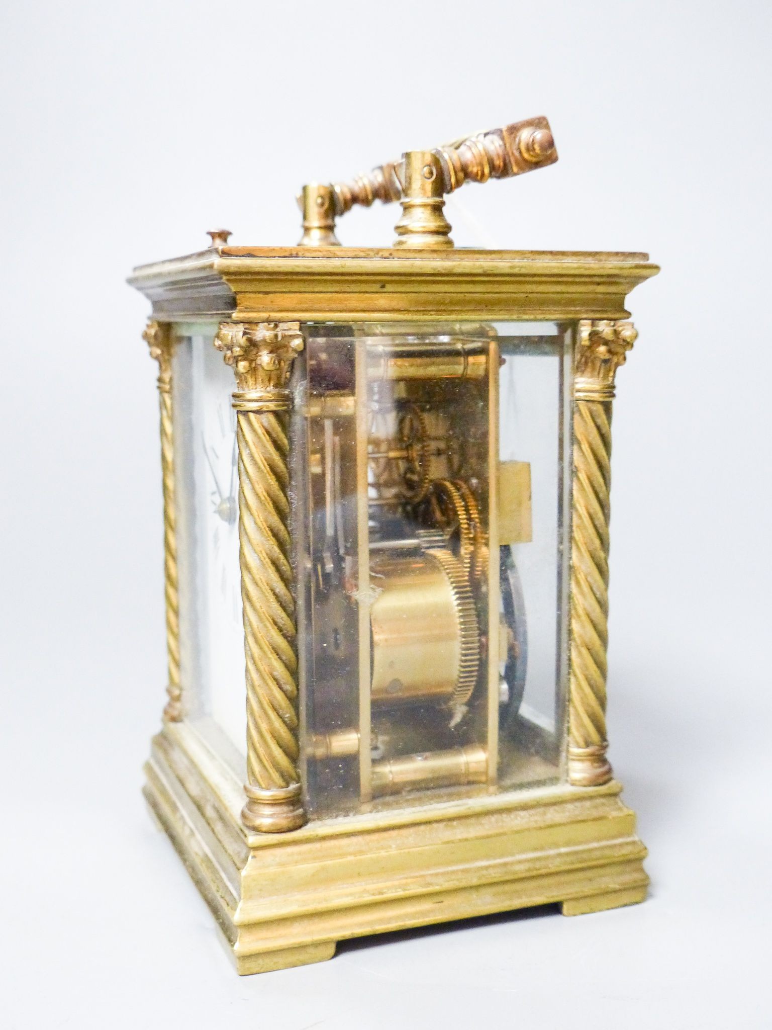 A French brass repeating carriage clock, c.1900, stamped R &Co. Paris, 15.5 cm high handle up